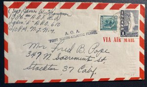 1947 APO610 Iceland First North Atlantic Flight Airmail Cover To Stockton CA Usa