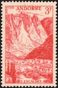 Andorra (French) #126  MOG - 3fr Les Escaldres Spa (1955)
