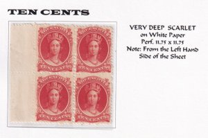 NOVA SCOTIA # 12 VF-MNH BLOCK OF 4 10cts DEEP SCARLET ON WHITE PAPER