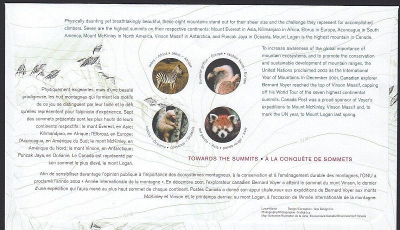 EVEREST, ELBRUS, KILIMANJARO.. = Full set 2 Official FDC Canada 2002 #1960 a-h