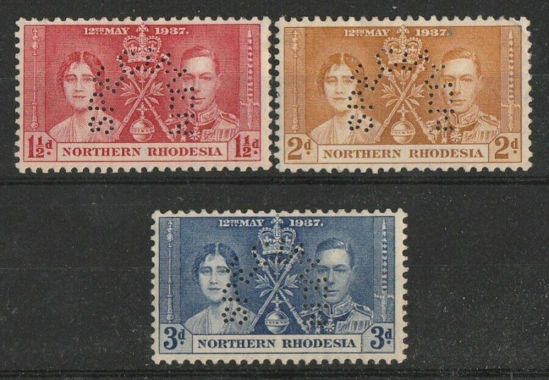 NORTHERN RHODESIA 1937 KGVI Coronation set 1½d-3d perf SPECIMEN. MNH **.