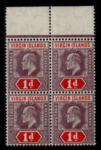 BRITISH VIRGIN ISLANDS EDVII SG55, 1d dull purple & scarlet, NH MINT. BLOCK x 4