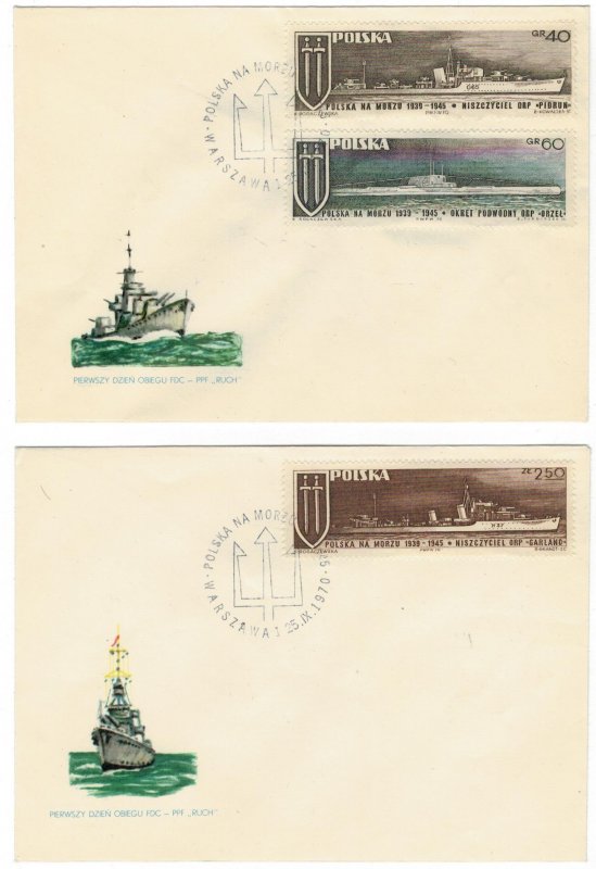 Poland 1970 FDC Stamps Scott 1760-1762 Second World War II Ships Navy