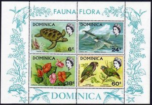 Dominica 300a sheet,MNH. Mi Bl.2. Green Turtle,Fish,Anithurium fly,Parrots. 1970