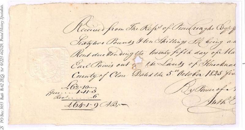 Ireland Embossed REVENUES *Knocknabricky* Receipt 1825{samwells-covers}BD211