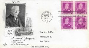 1950 FDC, #988, 3c Samuel Gompers, Art Craft, block of 4
