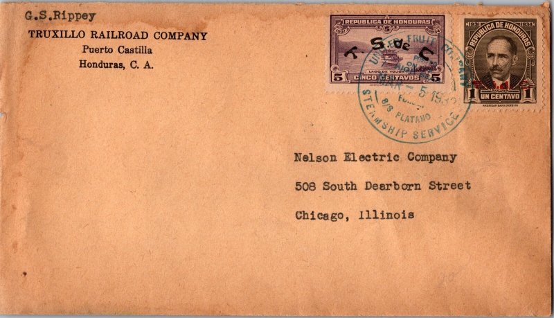 1935 Honduras Castillo Port SS Platano United Fruit UFC Cover to USA IL Chicago