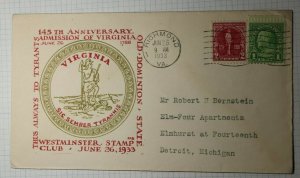 Westminster Stamp Club Ricmond VA Philatelic FAB Cachet Cover 1933