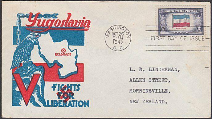 USA 1943 censored FDC to New Zealand - Overrun Nations YUGOSLAVIA..........57738