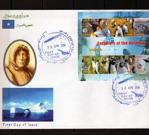 Somalia 2004 Explorers of the Antarctic /Penguins Sheetlet (6) Perforated FDC