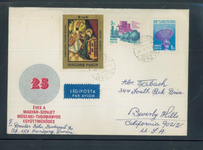 Air Mail Cover Budapest Cancel Topical Cachet + Stamps to Beverly Hills FC162