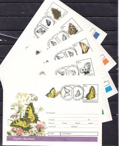 Romania, DEC/94 issue. Butterflies on 5 Postal Envelopes w/Cancels.