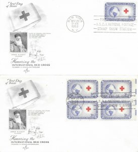 1952 FDC, #1016, 3c International Red Cross, Art Craft, single/block of 4