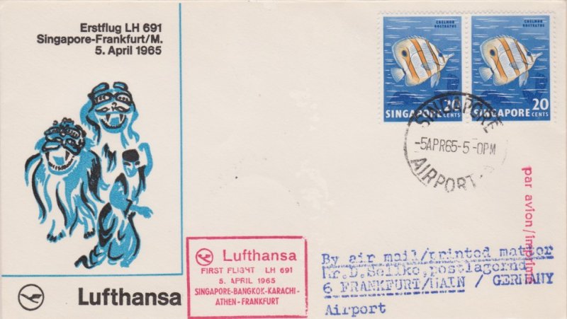 Singapore 20c Butterflyfish (2) 1965 Singapore, Airport-B Lufthansa First Fli...