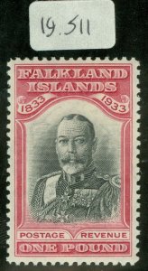 SG 138 Falklands 1933. £1 black & carmine. A fine fresh lightly mounted mint...