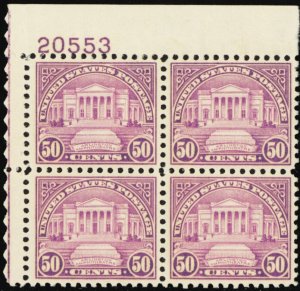 701, Mint XF VLH (2 NH) 50¢ Plate Block of Four Stamps - Stuart Katz