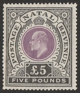 NATAL 1902 KEVII £5 wmk crown CC. SG 144 cat £6500. Very rare genuine.