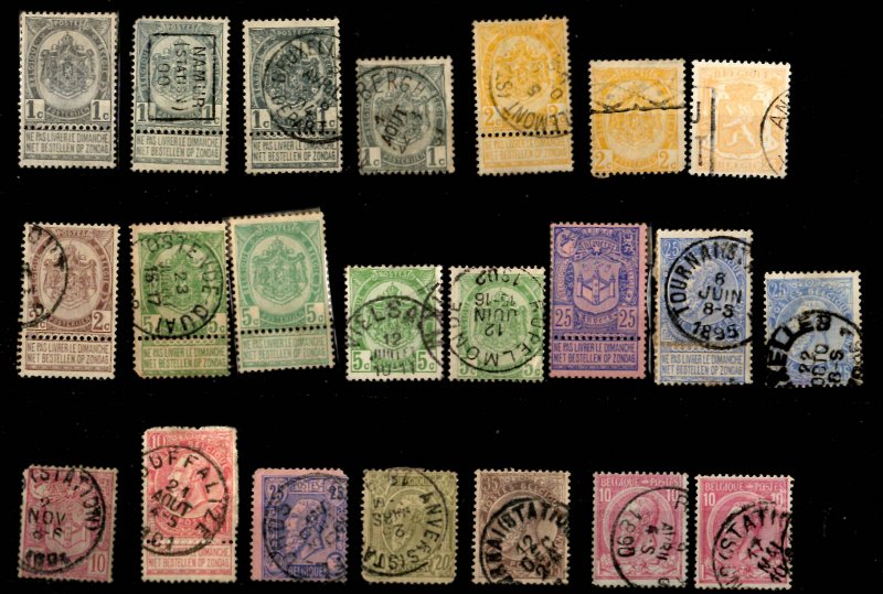 Early Belgium Assortment - 111 Stamps, Cancels, Color Variations - See Scans