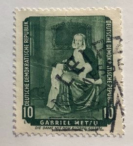 Germany DDR 1959 Scott 440 used - 10pf,  Painting, The Lace-maker by G. Metsu