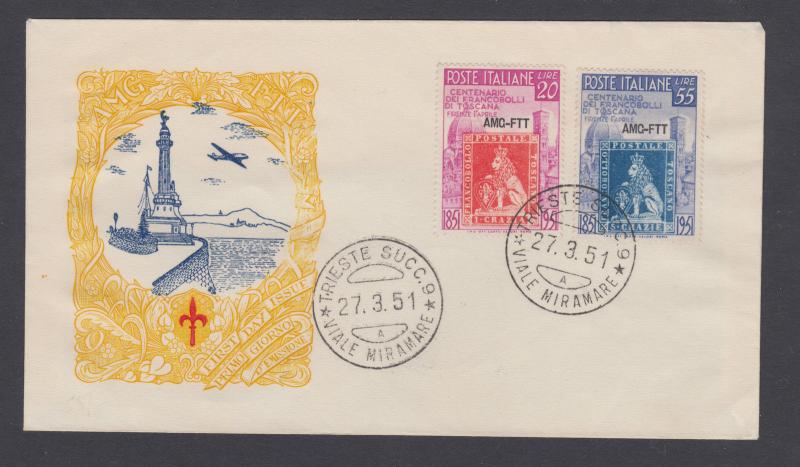 Trieste Sc 109-110 FDC. 1951 Stamp Centenary cplt, cacheted, unaddressed, VF