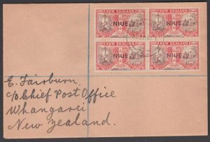 NIUE 1946 Peace 6d block of 4 on cover to New Zealand.......................U767