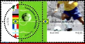 2840 BRAZIL 2002 CHAMPIONS OF SOCCER WORLD CUP, SOCCER FOOTBALL, MI# 3226-27 MNH