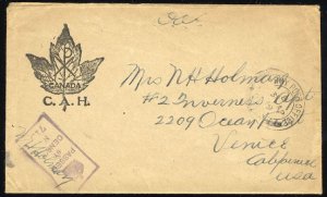 Canada, 1919 Military Mail, censored OAS cover to the United States, with Arm...