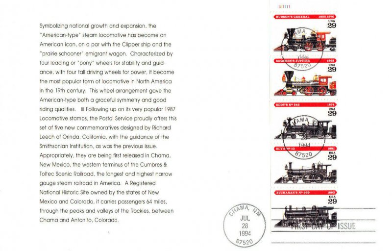 USPS First Day Ceremony Program #2843-47 Steam Locomotive Bklt Pane/5 Chama 1994 