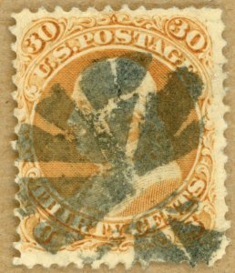 US Scott#100 1867 30c Franklin, F grill, circle of Vs SON cancel