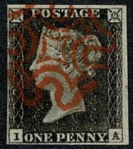 GB 1d Black IA Plate 1a. Cancelled by almost complete bright red Maltese cr...