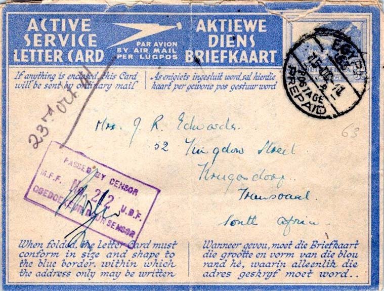 South Africa 3d Groot Schuur Air Mail Letter 1941 Egypt 63 Postage Prepaid AP...