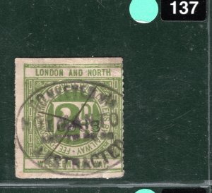 GB L&NWR RAILWAY Letter Stamp 2d *NORMANTON* OVAL TRANSIT Yorks Used LIME137