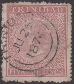 TRINIDAD 1869 USED 5/- ROSE SUPERB POSTMARK CAT 