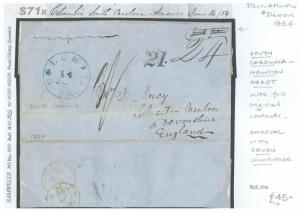 S71b 1854 USA AMERICA *Columbia* South Carolina Transatlantic EL Cover Devon