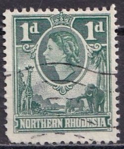 Northern Rhodesia 62 (used, pulled corner) 1p Elizabeth II, grn (1953)