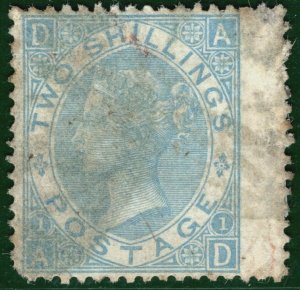 GB QV Stamp SG.120b 2s Milky Blue (1867) Good Used Faults Cat £2,000- LRED96