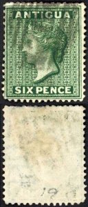 Antigua SG18y 6d Blue Green Perf 14 Wmk Crown CC Inverted and Reversed Cat 85 p