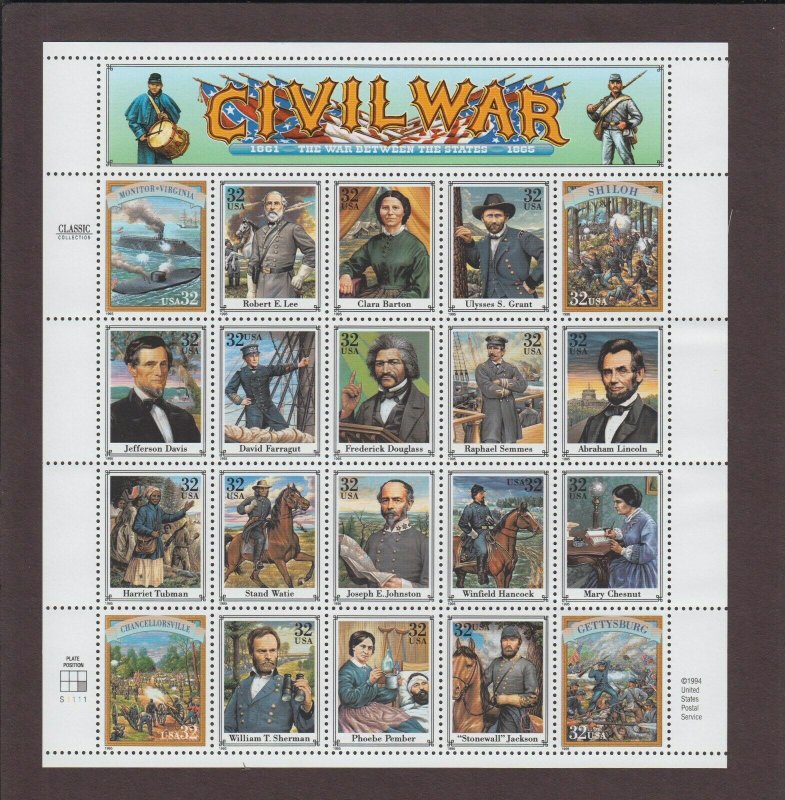 US,2975,CIVIL WAR,1994 FULL SHEET,1990'S COLLECTION,MINT NH OG,VF