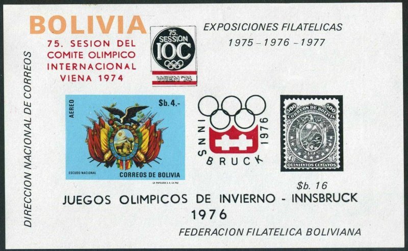 Bolivia C320a sheet.MNH.Michel Bl.47. Olympics Innsbruck-1976.Arms-eagle. 