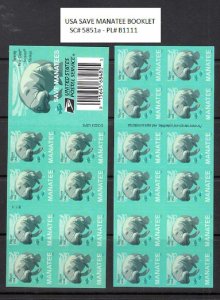 USA BOOKLET FOREVER SC# 5851a SAVE MANATEE - PANE 20 S.A. MNH - PL# B1111 - 2024