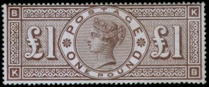 GB QV SG185, SCARCE £1 brown-lilac WMK CROWNS, M MINT. Cat £28000. KB