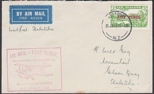 NEW ZEALAND 1932 First flight cover Westport to Hokitika....................z989