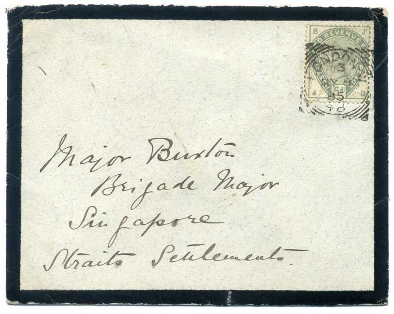 SG193 1885 5d Dull Green London to 'Brigade Major' Singapore c£350.00