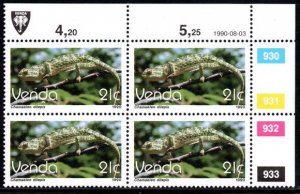 Venda - 1986 Reptiles 21c Plate Block MNH** SG 133