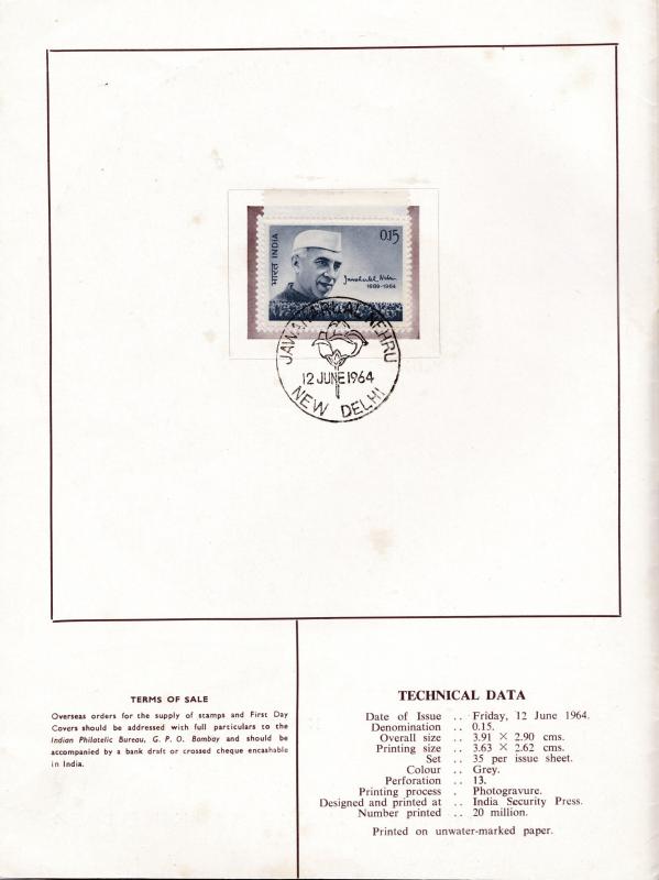 India 1964 NEHRU Commemorative Book with Nr.388 First Day Cancel