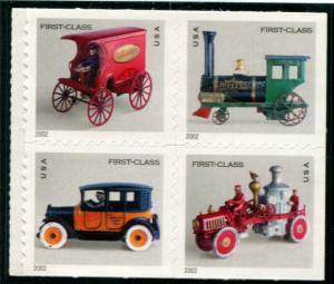 3629a US (37c) Antique Toys SA VB, MNH Blk/4