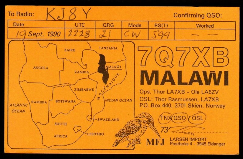 QSL QSO RADIO CARD 7Q7XB,Thor Rasmussen,Map of Malawi, Africa (Q3569)