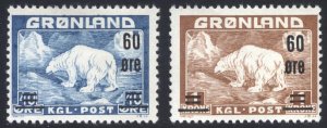 Greenland 1956 60 ore on 40 ore - 60 ore on 1 kr surch Scott 39-40 MLH Cat $99