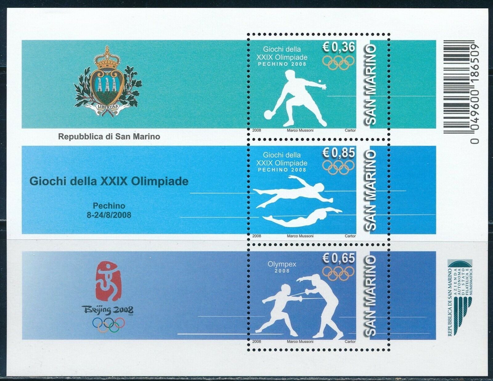 San Marino Beijing Olympic Games MNH Sports Sheet (2008) Europe