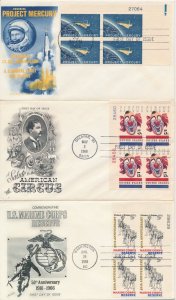 Lot of 4 1960's Plate Block of 4 Space, Circus, Marines cachet First Day covers